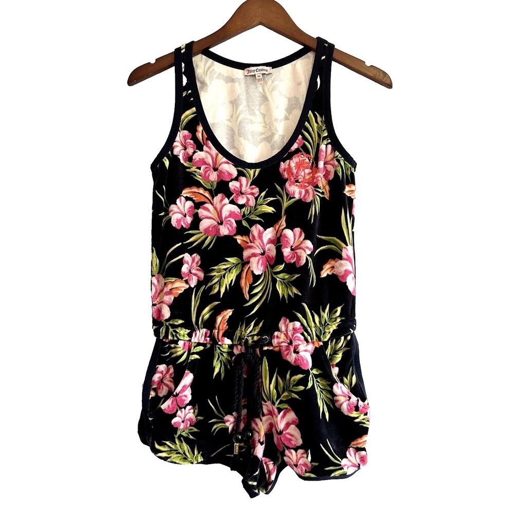 Juicy Couture Romper Women's XS Terry Cloth Velour Y2K Tropical Floral Vintage